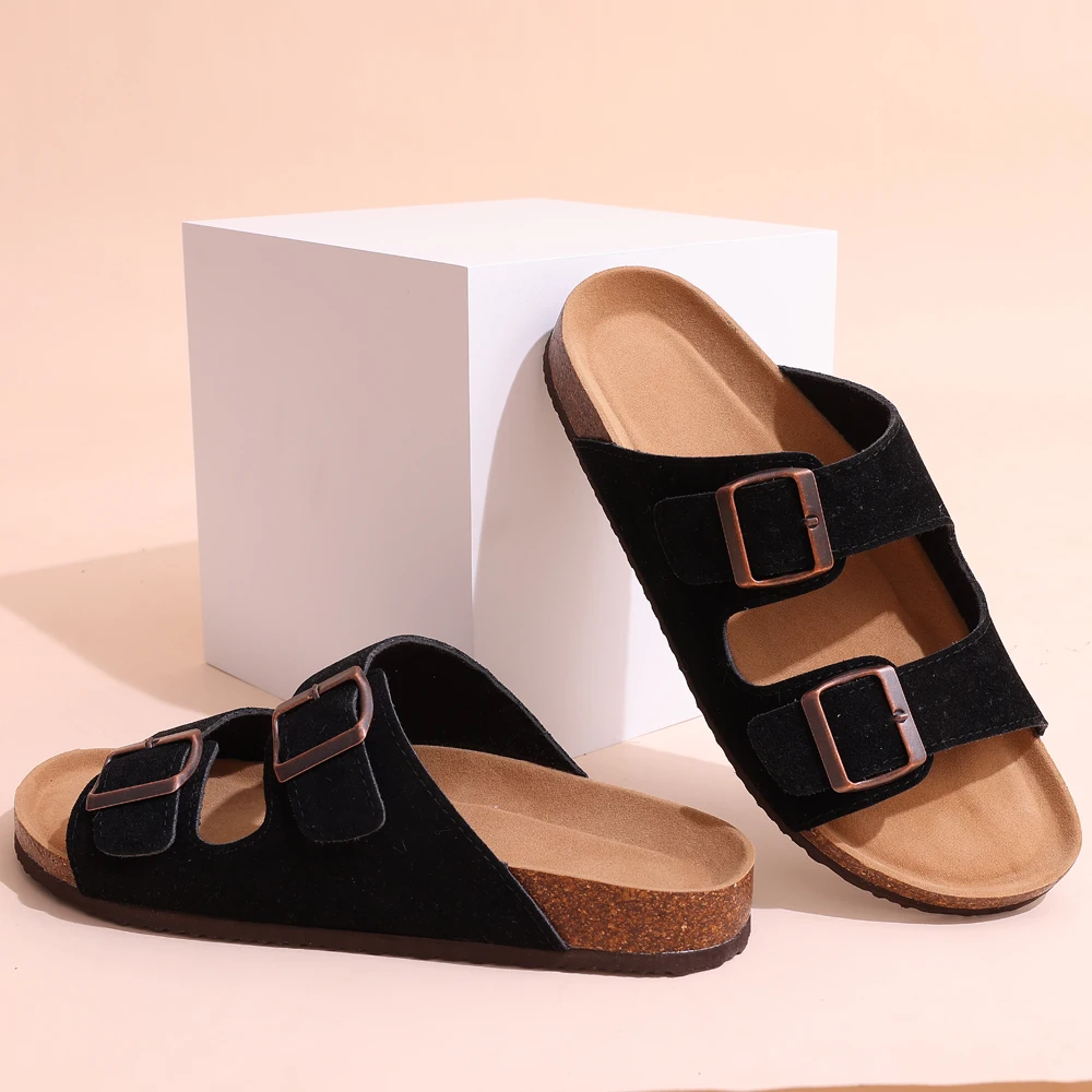 Shevalues New Fashion Cork Sandals Women Classic Cork Suede Footbed Slippers Female Summer Beach Sandals With Adjustable Buckle