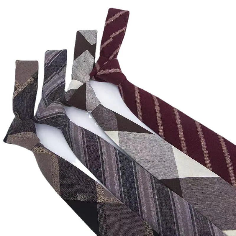 Cotton Linen Brown Ties For Men Formal Dress 7cm British Casual Necktie Striped Plaid Cravat Women College Style Shirt Neckwear