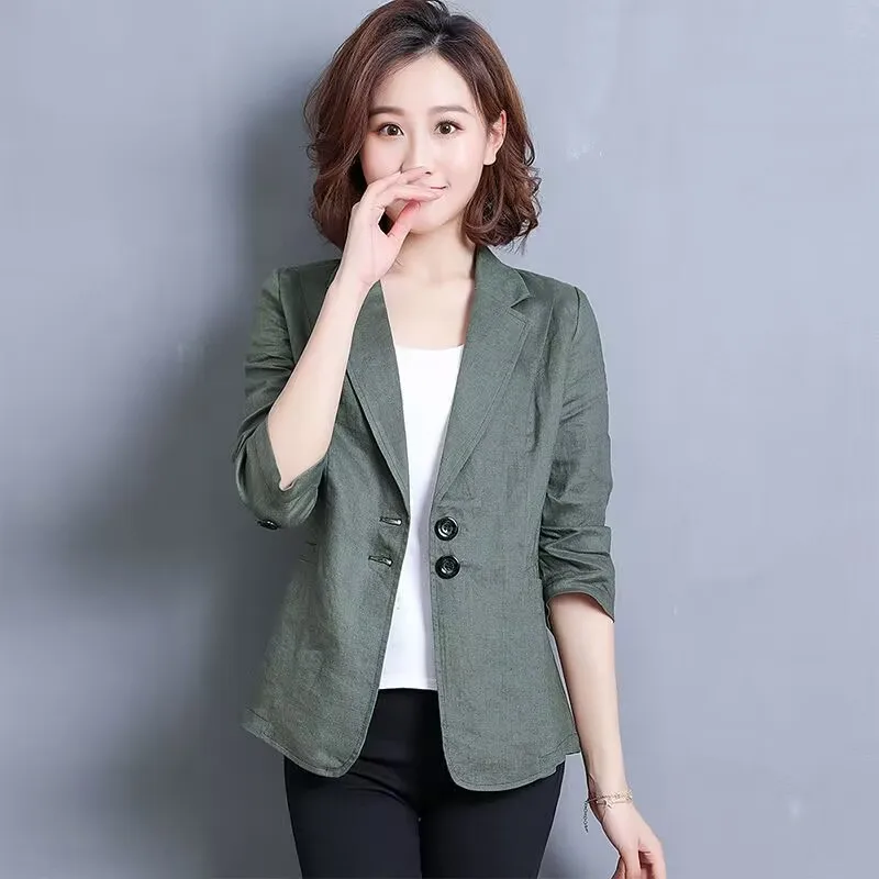 

2023 Summer Solid Color Elegant Green Blazer Casual Thin Women Jacket Women's Korean Style V-neck Office Lady Suit Coat