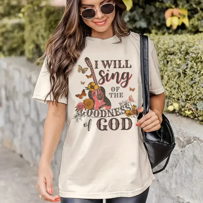 Guitar Gospel Music T-Shirts Bible Verse God Worship Tshirt Women Vintage Boho Religious Faith Tee Jesus Apparel Faith Shirt