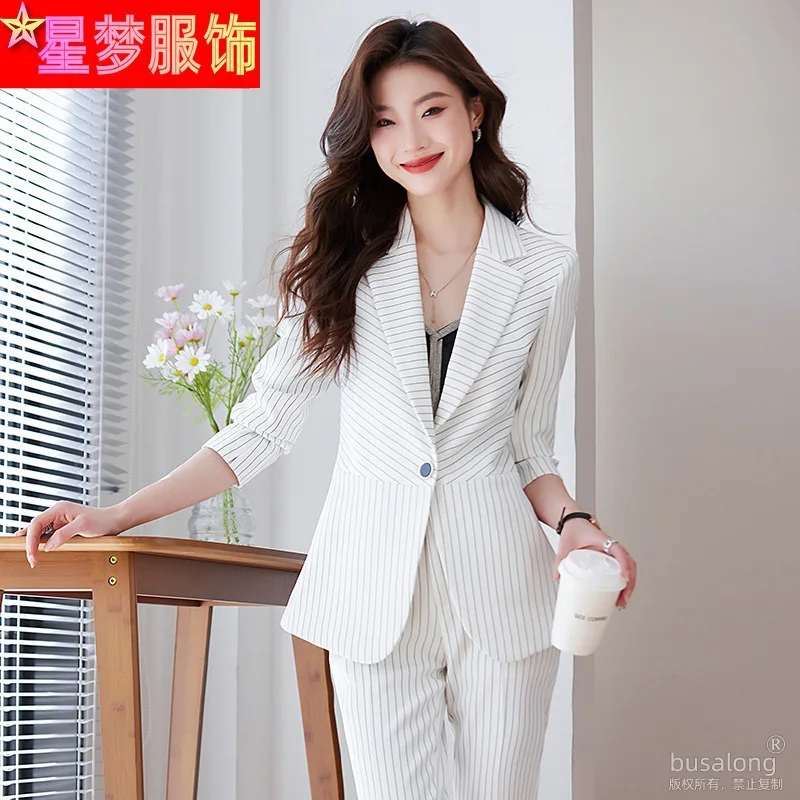 Blue Striped Suit Female 2023 New Spring and Autumn Temperament Goddess Style Business Clothing Jewelry Shop Workwear