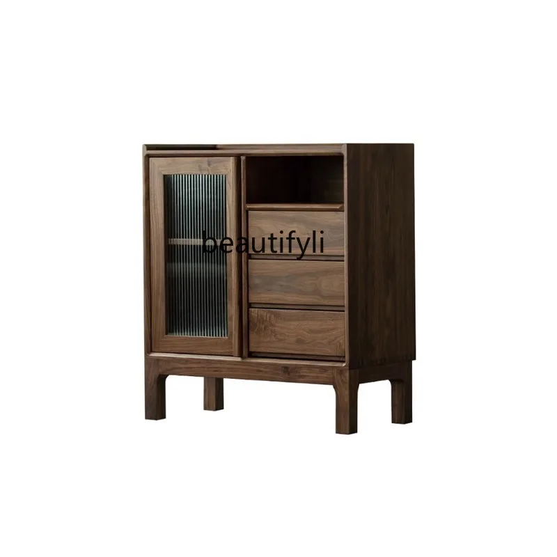 

Nordic Black Walnut Solid Wood Sideboard Kitchen Living Room Multi-Function Locker Modern Minimalist Tea Cabinet Side Cabinet