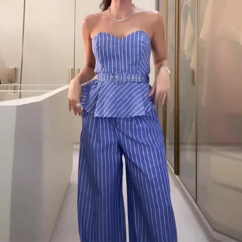 Two Piece Set Women Strapless Tops Sleeveless High Waist Striped Splice Wide Leg Trousers Belt Casual Loose Fit Spring