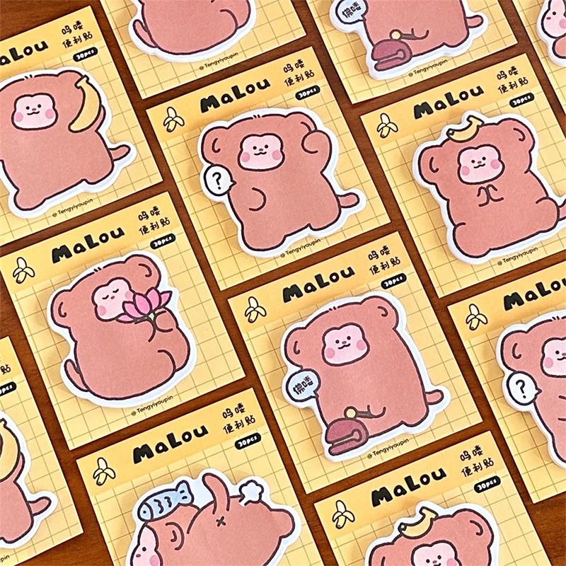 Cute Cartoon Monkey Sticky Notes, Animais Kawaii, Mensagem, Papelaria Estudante, Material escolar e de escritório, 30 Folhas