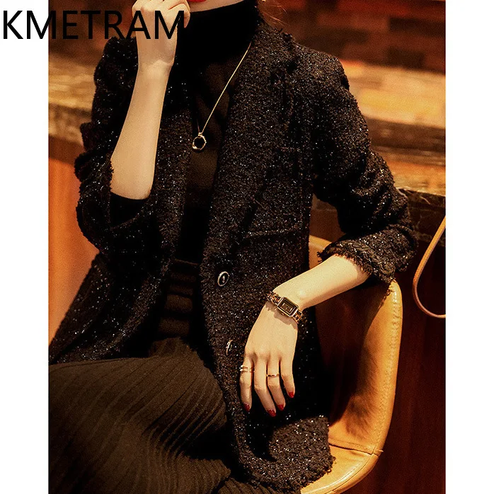 KMETRAM Natural Wool Tweed Jackets Luxury New in Outerwear Black Short Jacket Fall Clothes Women 2024 Chaquetas Para Mujer