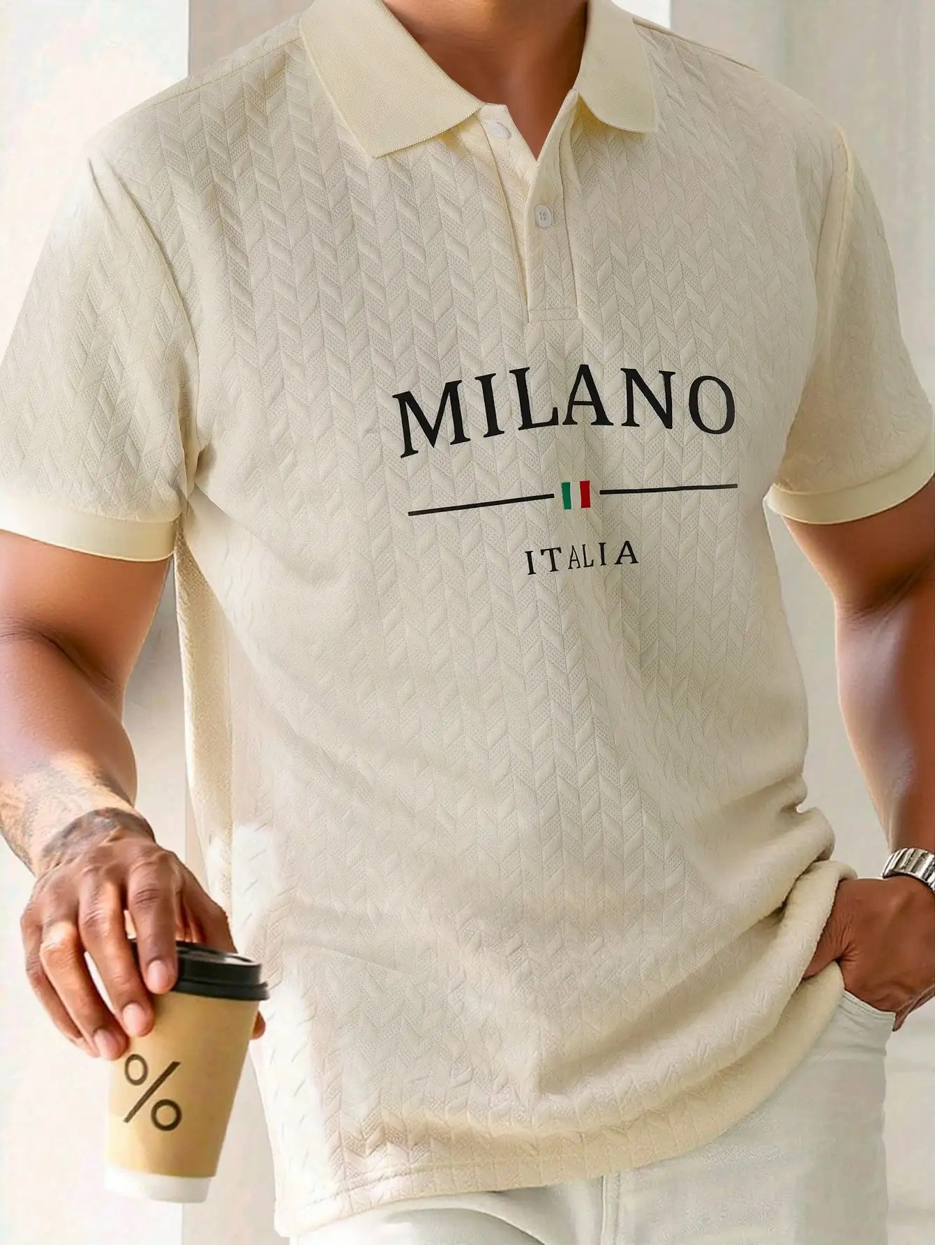 

Men's Textured Knit Polo Shirt with Geometric Print and Contrast Trim