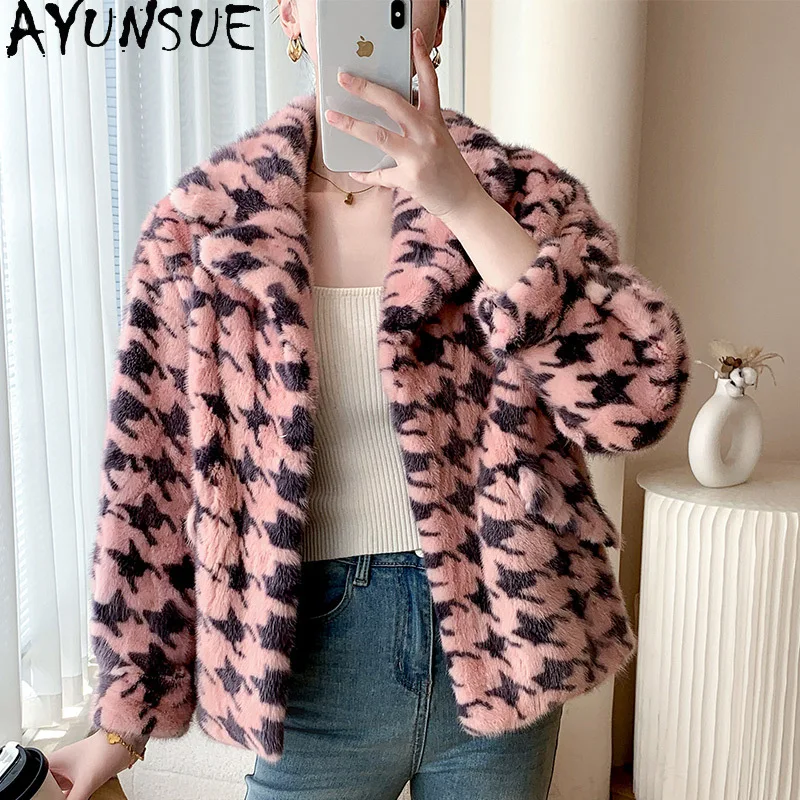 AYUNSUE 2025 Natural Mink Fur Jacket Woman Print Fashion Real Fur Jackets for Woman Clothes Whole Mink High Quality Abrigo Mujer