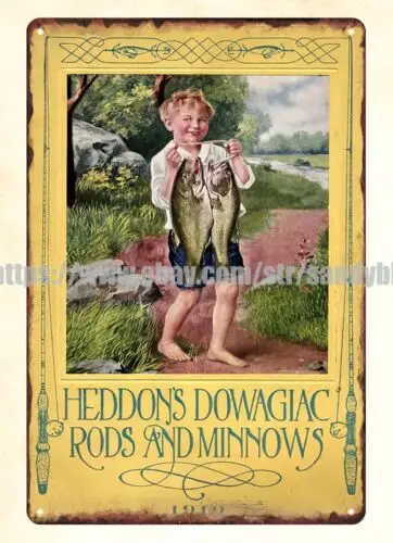 1910 Heddon's Dowagiac Rods Minnows fishing metal tin sign painting prints