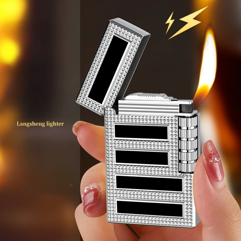 Three-Dimensional Relief Open Flame Metal Lighter Grinding Wheel Inflatable Pipe Oblique Fire Diamond Lighter Men Business Gift