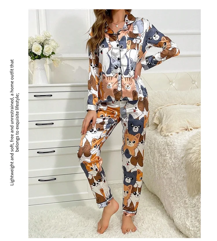 Niedlicher Pyjama mit Katzenmuster für Damen, Satin, langärmelig, Reverskragen, Oberteile und Hosen, Pyjama-Loungewear für Herbst, Damen-Nachtwäsche, Pyjama-Sets – Detail 9