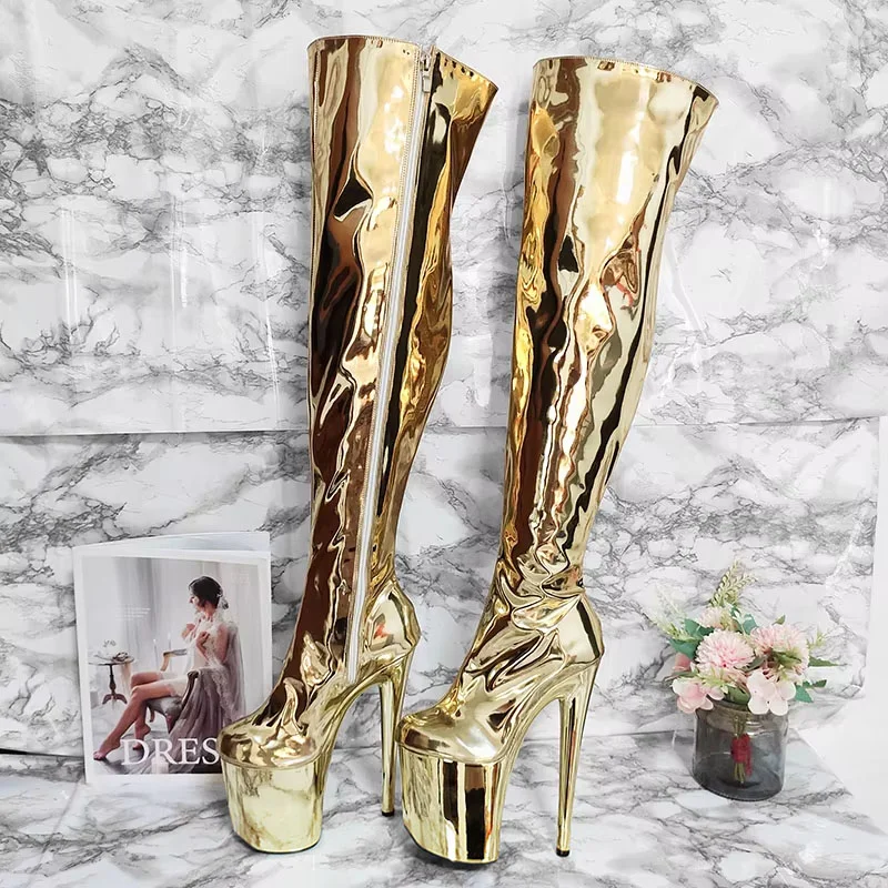 

2025 novelty Exotic knee boots sexy fetish 20cm club pole dance 8 inches large size stripper boots Golden pink leopard print