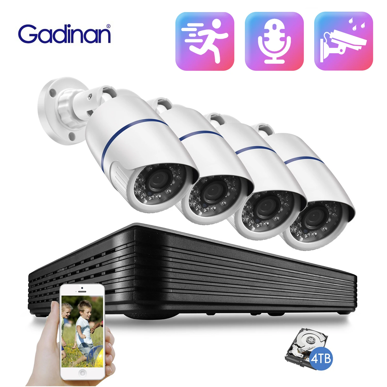 Gadinan 3.6mm 5MP 4CH NVR Security Camera System Kit The smart IR-Cut Night Vision POE Motion Detection Outdoor Audio IP Cameras