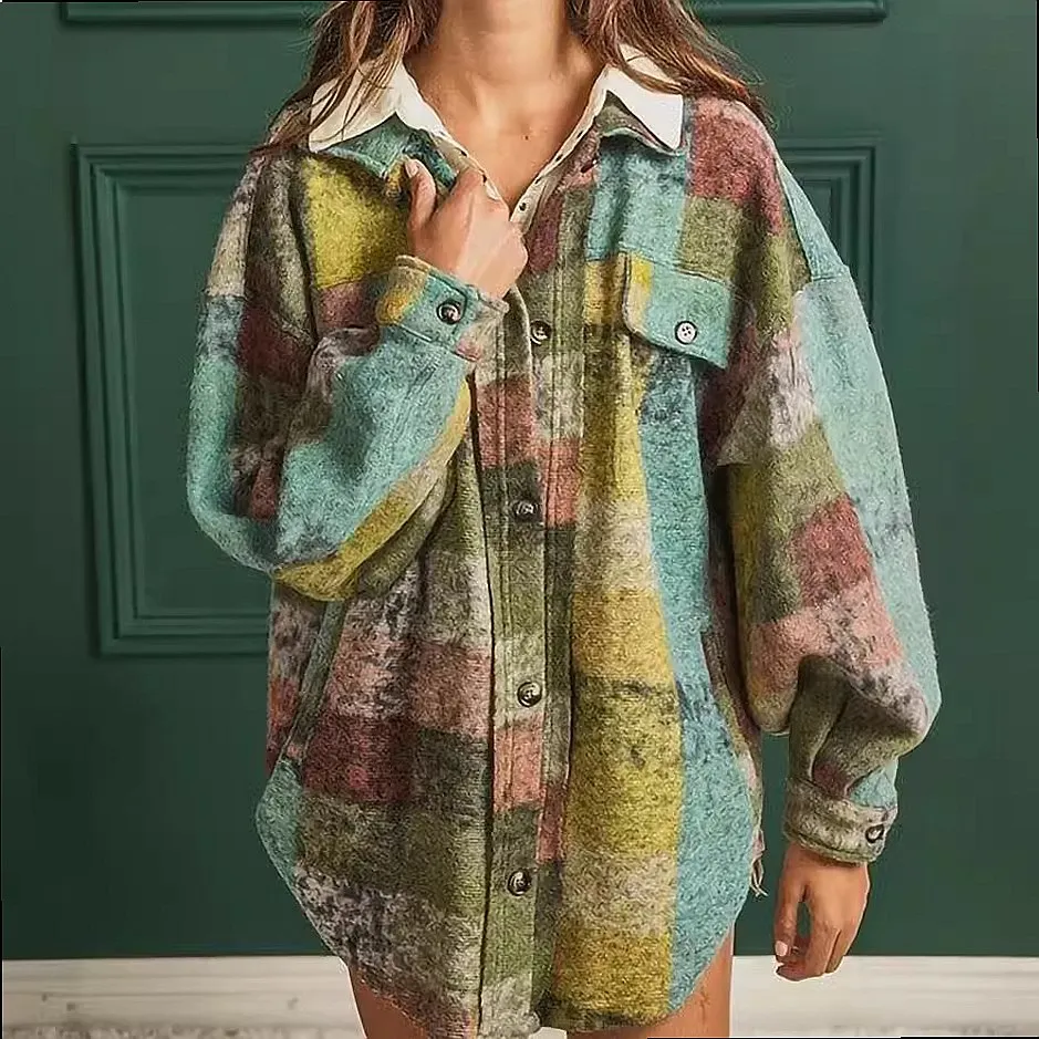 Oversized Plaid Shacket Coat Women Open Front Fleece Lapel Button Down Blouse Tops