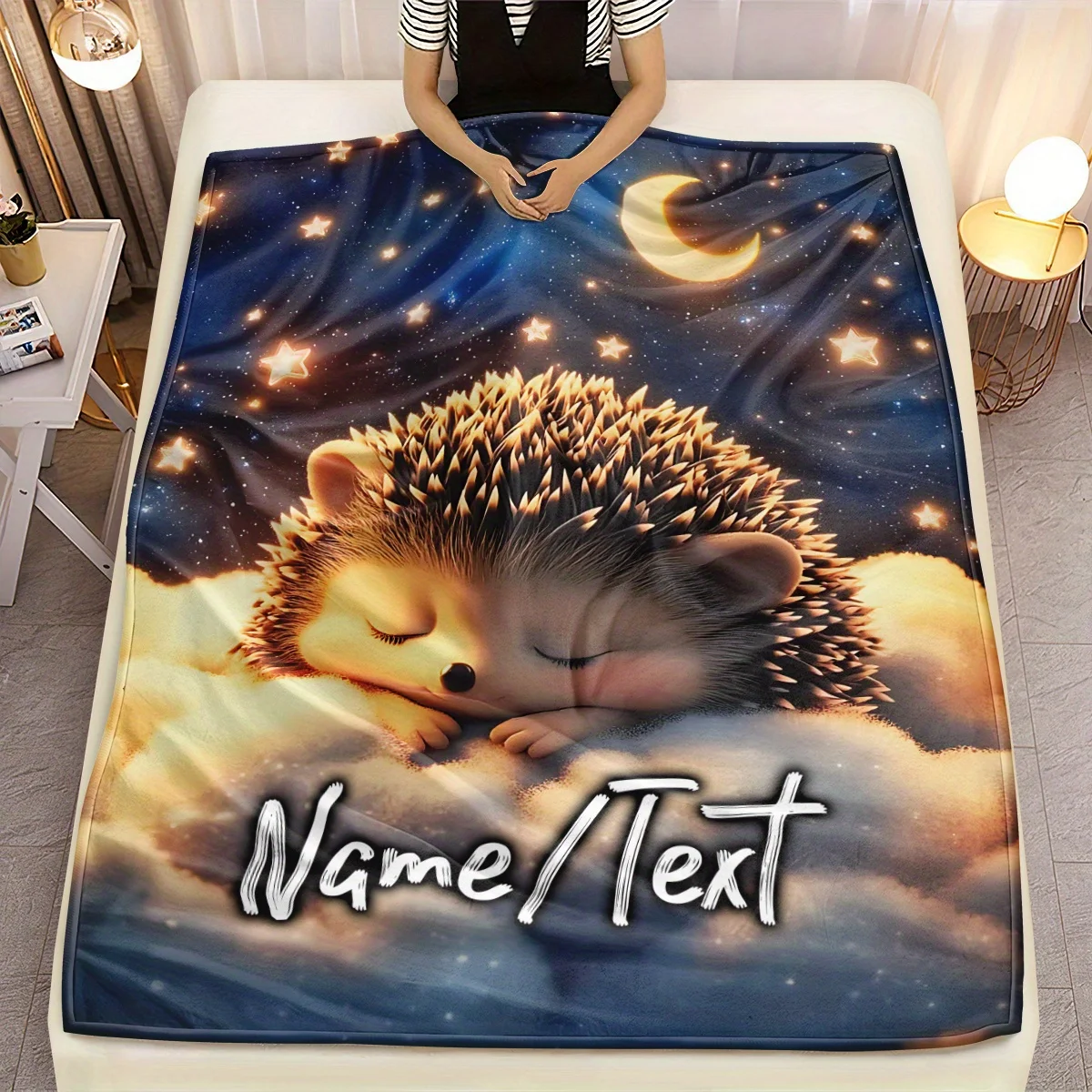 Customizable Name Sleeping Hedgehog Flannel Blanket - Lightweight, Soft, Warm, and Durable - Perfect for Sofas, Beds, Travel