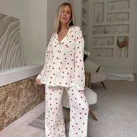 Summer New Love Heart Print Pyjama 100% Cotton Long Sleeve Set 2Pcs Outfit Lapel Sleepwear Button Down Women's Pajamas Nightwear - Image 2
