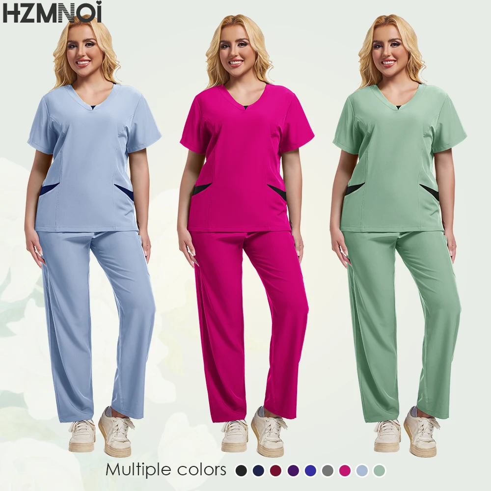 New Scrubs Set Medical Uniforms Stretch Scrub Tops with Pocket Pants Nurse Uniform Doctor Surgery Overalls Beauty Salon Workwear