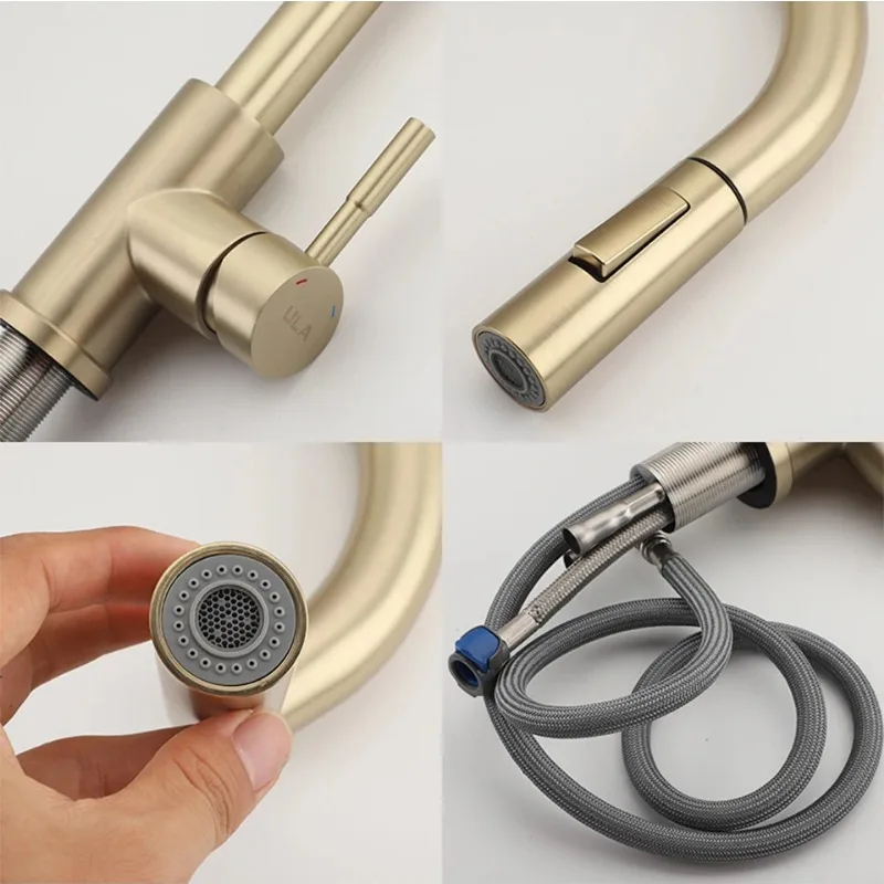 Kitchen Sink Faucet Black Gold Water Faucet Pull Out Stainless Steel Hot Cold Water Mixer Tap 2 Water Modes Flexible Gold Taps