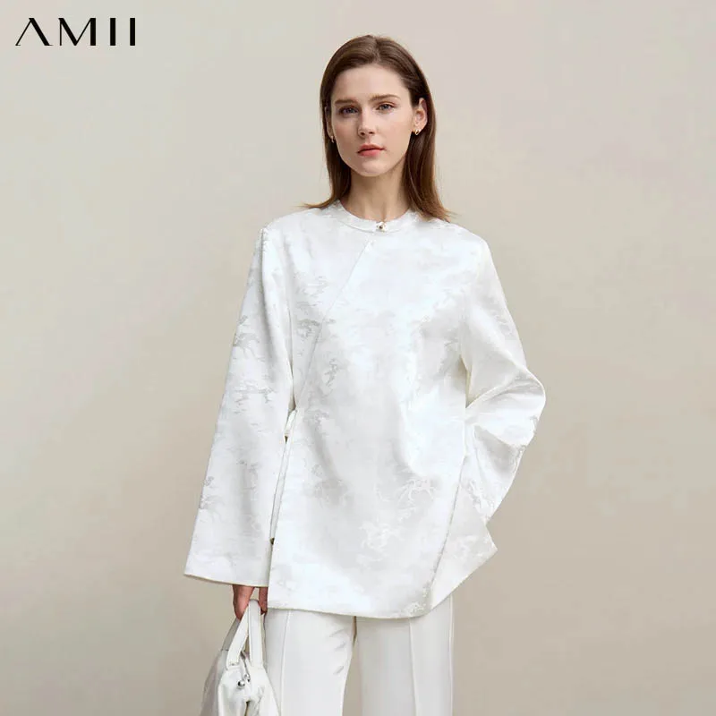Amii Women's Jacket 2026 Autumn New Chinese Elegant Jacquard Tie Coat O-Neck Loose Asymmetric Placket Long Sleeve Coats 12641097