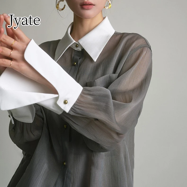 Jyate Spring Summer Gray Long Sleeve Women\'s Shirts French Thin Color Blocking Shirt With Sling Casual Vintage Woman Clothing