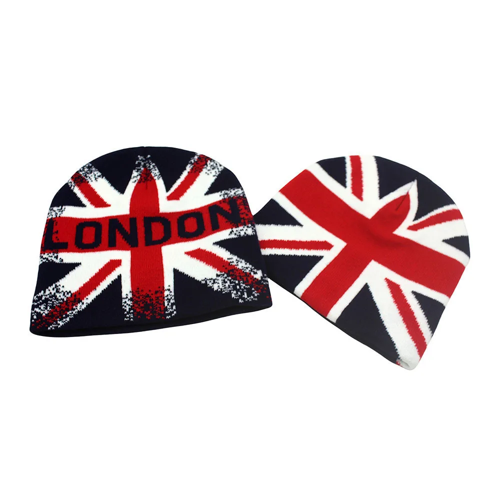 Trendy Knit Hat With Union Jack Print Style Outdoor Sports Thermal Beanie Cap Windproof Warm Headwear Unisex Winter