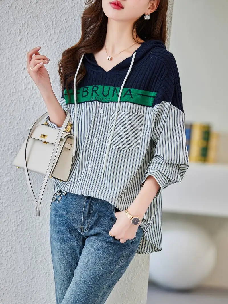 Casual Hooded Striped Shirt for Women in Spring and Autumn 2023 New European Style Loose and Fashionable Western Style Tops