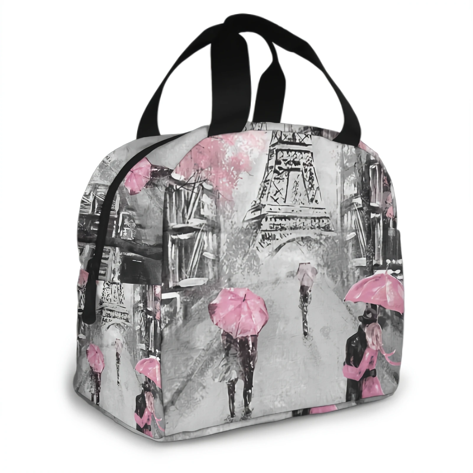 Paris Eiffel Tower Couple Pink Floral Lunch Bag Adult Tote Bag Reusable Lunch Box Container For Women Men School Office Work