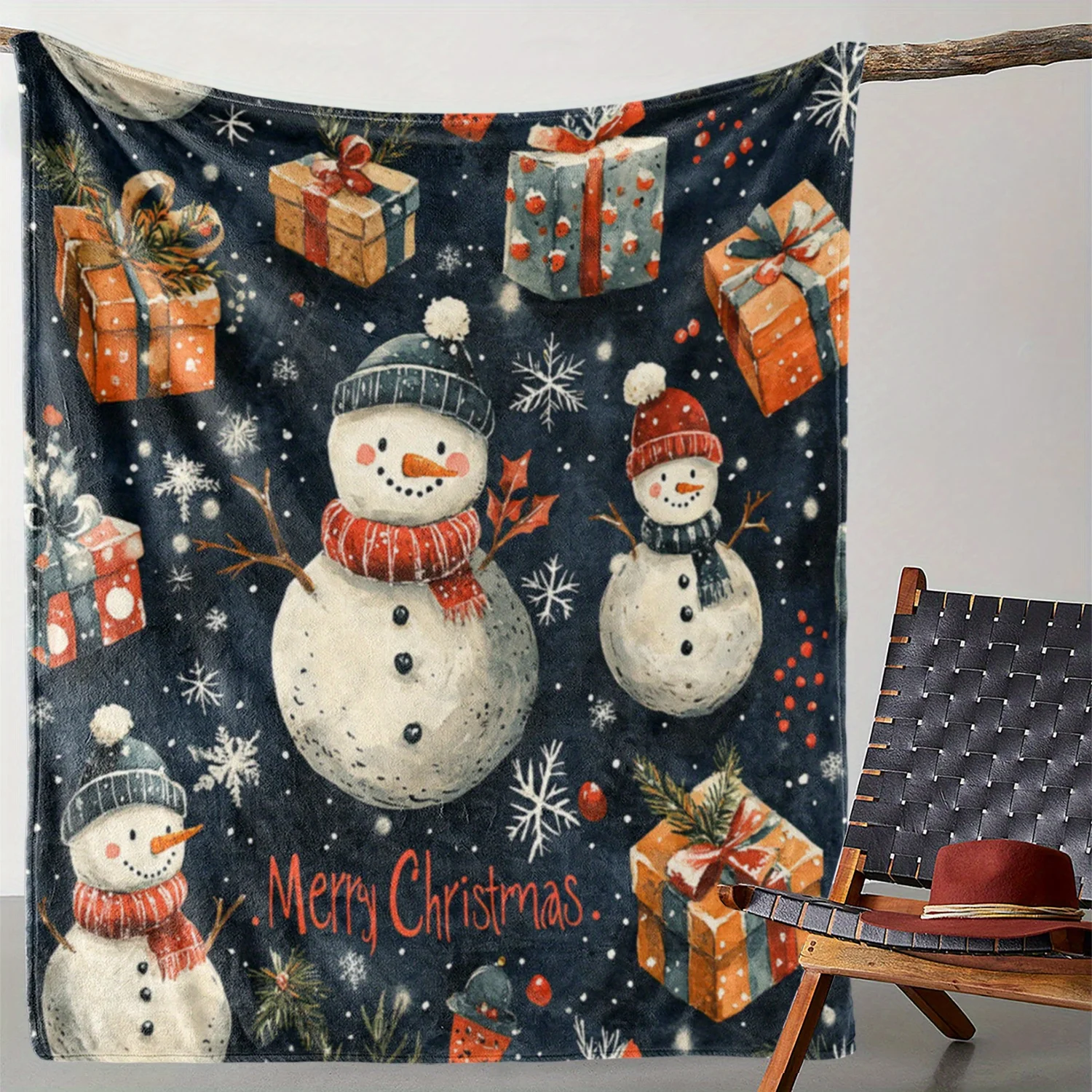 Christmas Themed Flannel Throw Blanket - Snowman & Snowflakes Print, Soft Cozy Polyester Knit, Digital Printing, Vintage Style,