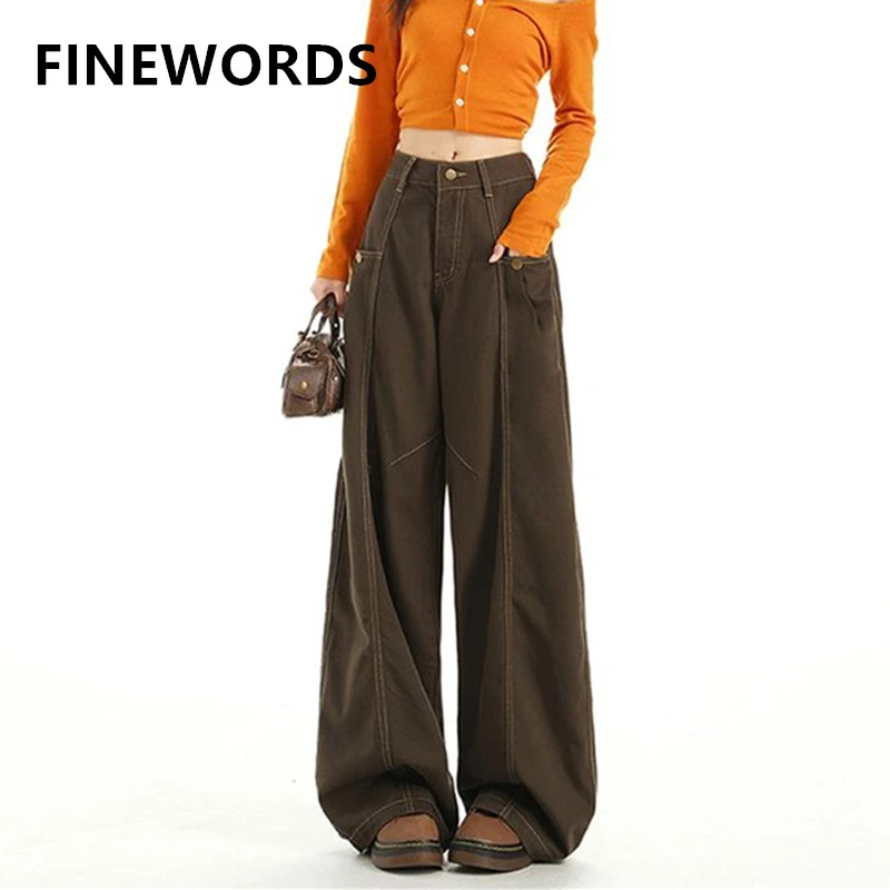 

FINEWORDS Vintage Korean Jeans Women Casual Harajuku Baggy Jeans Streetwear High Waist Full Length Wide Leg Jeans