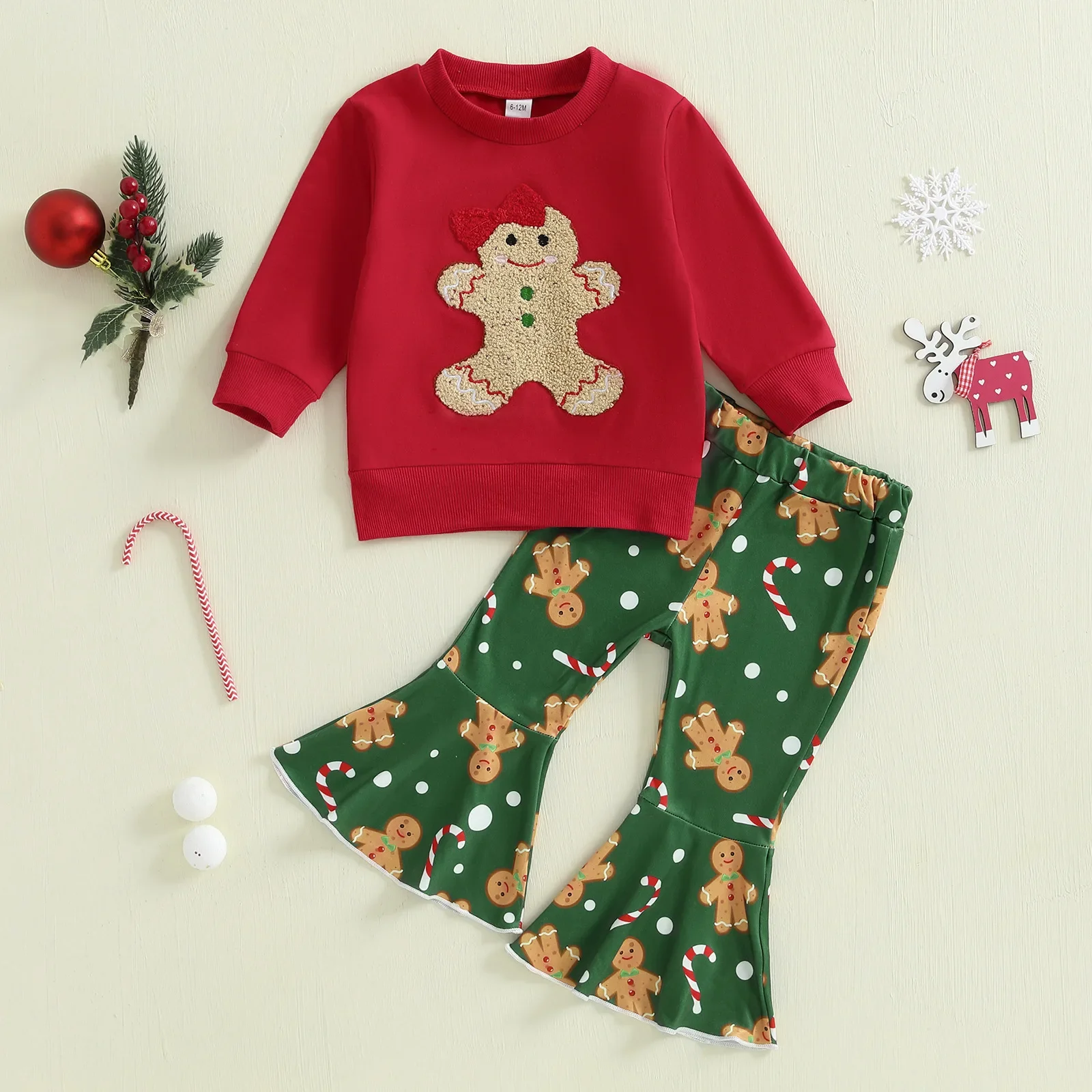 

Christmas Baby Girl Clothes Cotton Sets 0-3Y Gingerbread Fuzzy Embroidered Red Sweatshirt and Green Flared Pants Festival Outfit