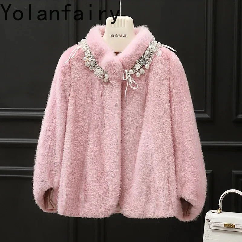 

Winter Pink Mink Jacket for Women Real Fur Coat Womens Standing Collar Elegant Short Mink Fur Coats Three-quarter Sleeve Casacos