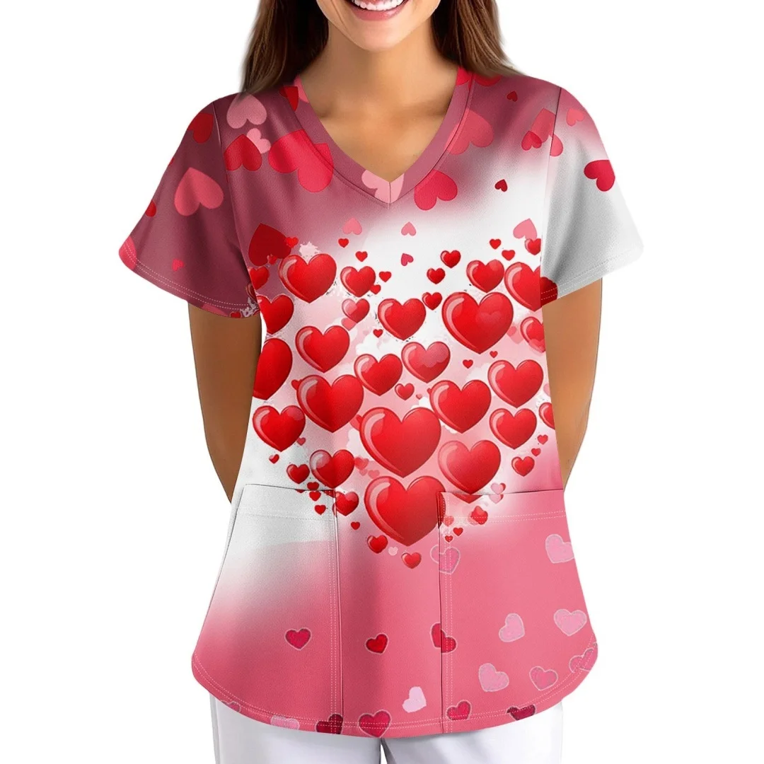 عيد الحب المرأة فرك الأعلى قصيرة الأكمام الخامس الرقبة القلب طباعة قمصان التمريض العمل موحدة 2026 الطبية فرك تي شيرت جديد