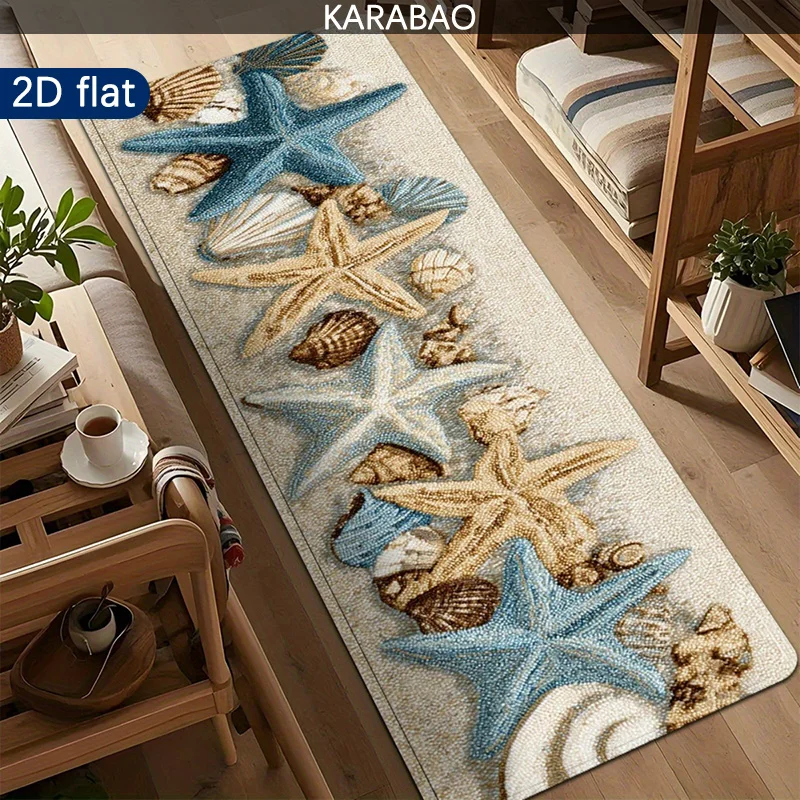 Beach Starfish Runner Mat Anti Slip Water Absorbent Sand Conch Shell Decor Print Carpet for Kitchen Bedroom Bathroom Floor