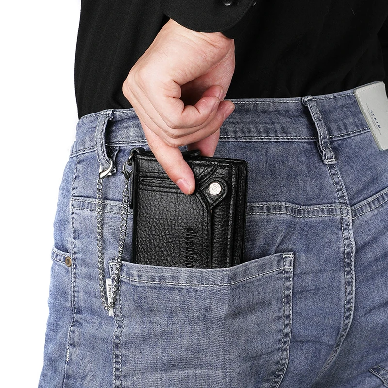 Men PU Leather Short Wallet With Chain Zipper Clutch Wallet Male Short Trifold Purse Card Holder Change Coin Purse