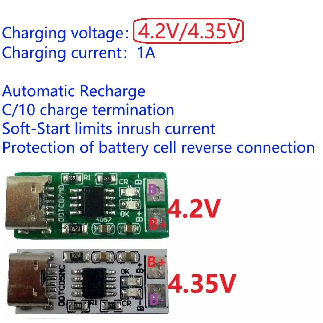 

Type-C USB 5V to 4.2V 4.35V Li-ion Li-Po Lithium Battery Charger Module for 3.7V 3.8V 18650 Cell Phone Battery