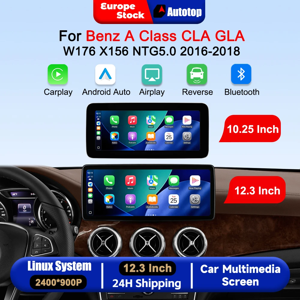 AUTOTOP, sistema wireless CarPlay e Android Auto, autoradio Linux con schermo da 10,25 o 12,3 pollici per Mercedes Benz Classe A, CLA, GLA, modelli W176 e X156, anni 2016-2018, sistema NTG5.0, display
