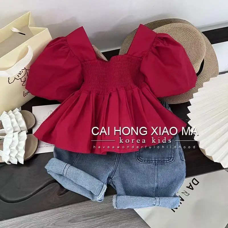 Girls Baby Summer Suit 2025 New Children's Cotton Short Sleeve Bubble Sleeve Shirt Jeans Two-Piece Set Kids Outfits 2-7 Year