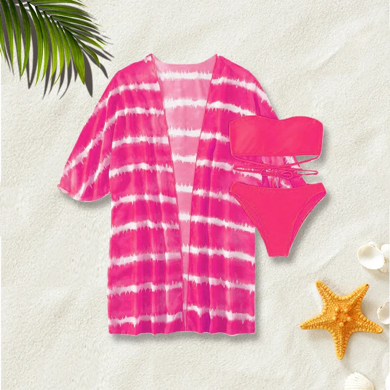 Japanese Style Beach Two-Piece Swimsuit Mesh Three-Piece Bikini Hot Spring Swimsuit
