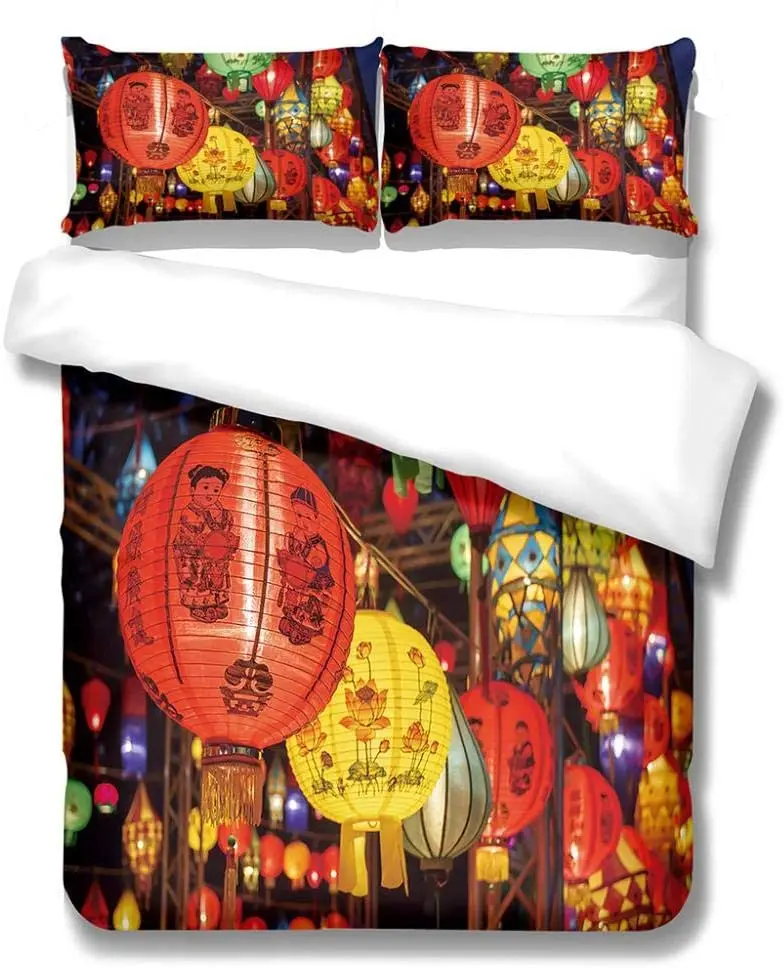 

HUANZHUANG Super King Size Duvet Cover Sets 3D Red Chinese Lantern Printed Bedding Quilt Cover Set 2 Pillowcases Luxury