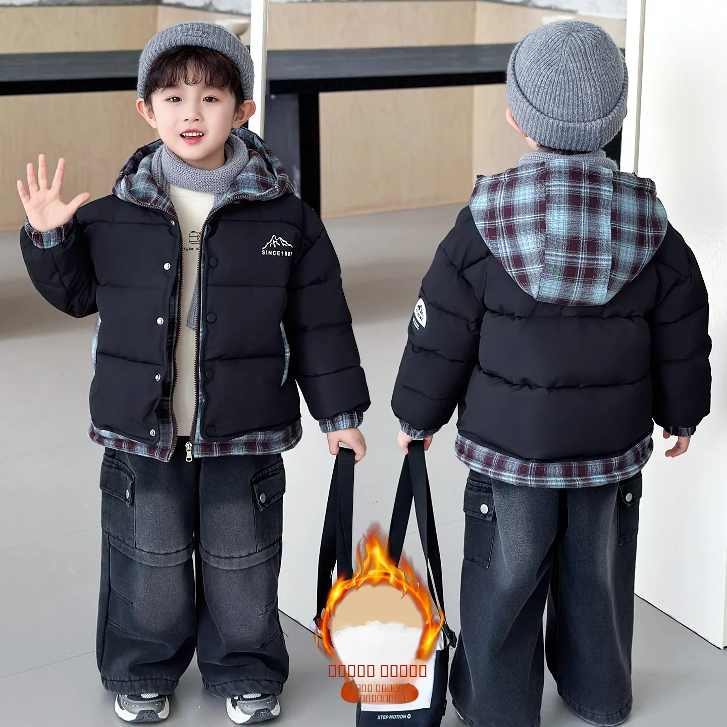 

Thiened Cotton Padded Hooded Jaet Plaid False Two-Piece Sle Youthful Trendy Winter Coat for Boys Baby Warm Faionable ...