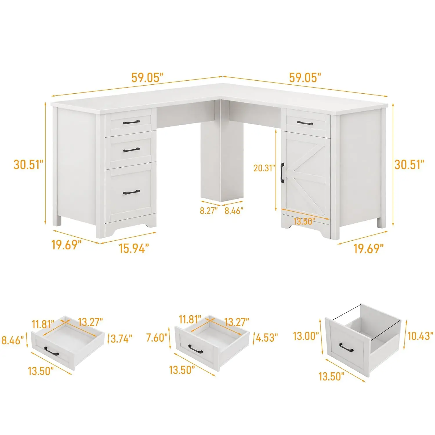 L Shaped Executive Desk with File Drawer & Storage Cabinet, Wood Corner Writing Workstation for Home Office, 59in, Customized