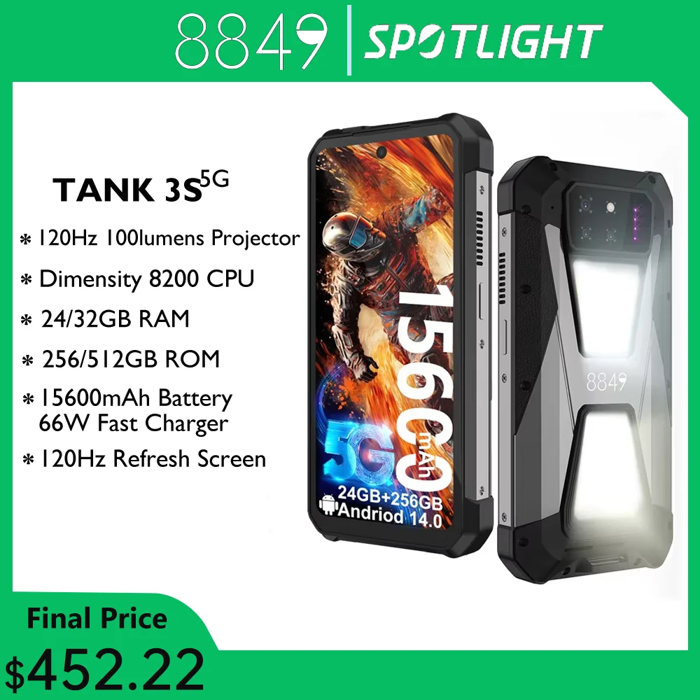 8849 Tank 3S Rugged Smartphone with Projector 24GB RAM 256GB ROM Dimensity 8200 5G 50MP Main Camrea 64MP Night Vision Dual Sim