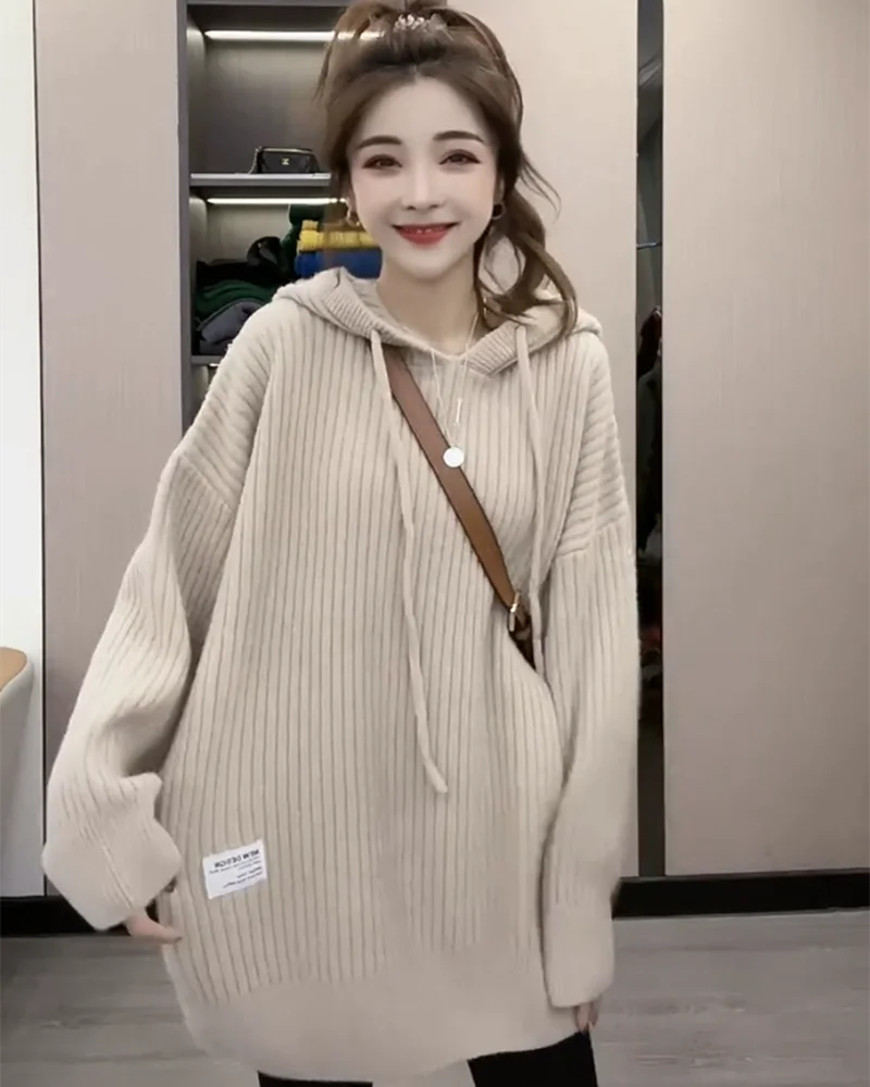 

Trendy Women's Loose Fit Hooded Knitwear Spring Autumn Winter New Style Labelled Slimming Base Layer Top Commute Style