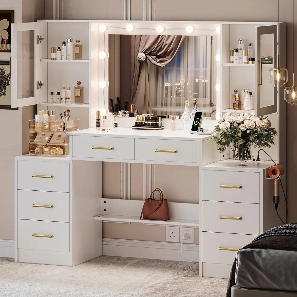 58.3”Vanity Desk with Mirror and Lights & Charging Station, Bedroom Dressing Table, Large Vanity Set, 8 Drawers and 2 Cabinets,