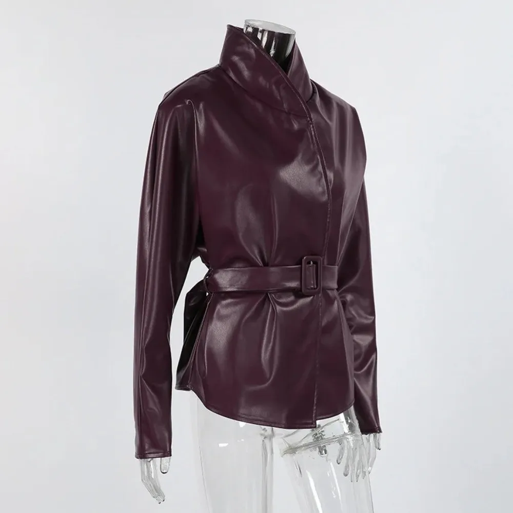 Vintage Leather Jacket Garment Tie Waist Frame Mid Length Cut Women Fashion Top Cool Street Style Stand Collar