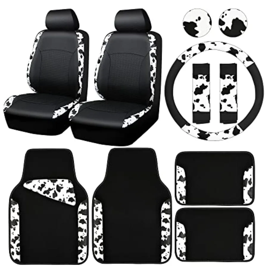 

Cow Print Faux Leather Car Seat Covers Mats Steering Wheel Cover with Seat Belt Pads for SUV Van Truck Universal Fit Cute Autom