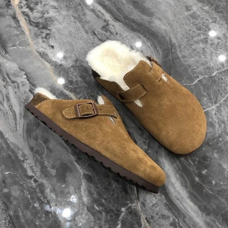 Shevalues sabots classiques en fourrure pour femmes hiver nouvelle mode semelle intérieure en liège pantoufle en peluche avec Support d'arc confortable maison Mules en daim fourrure