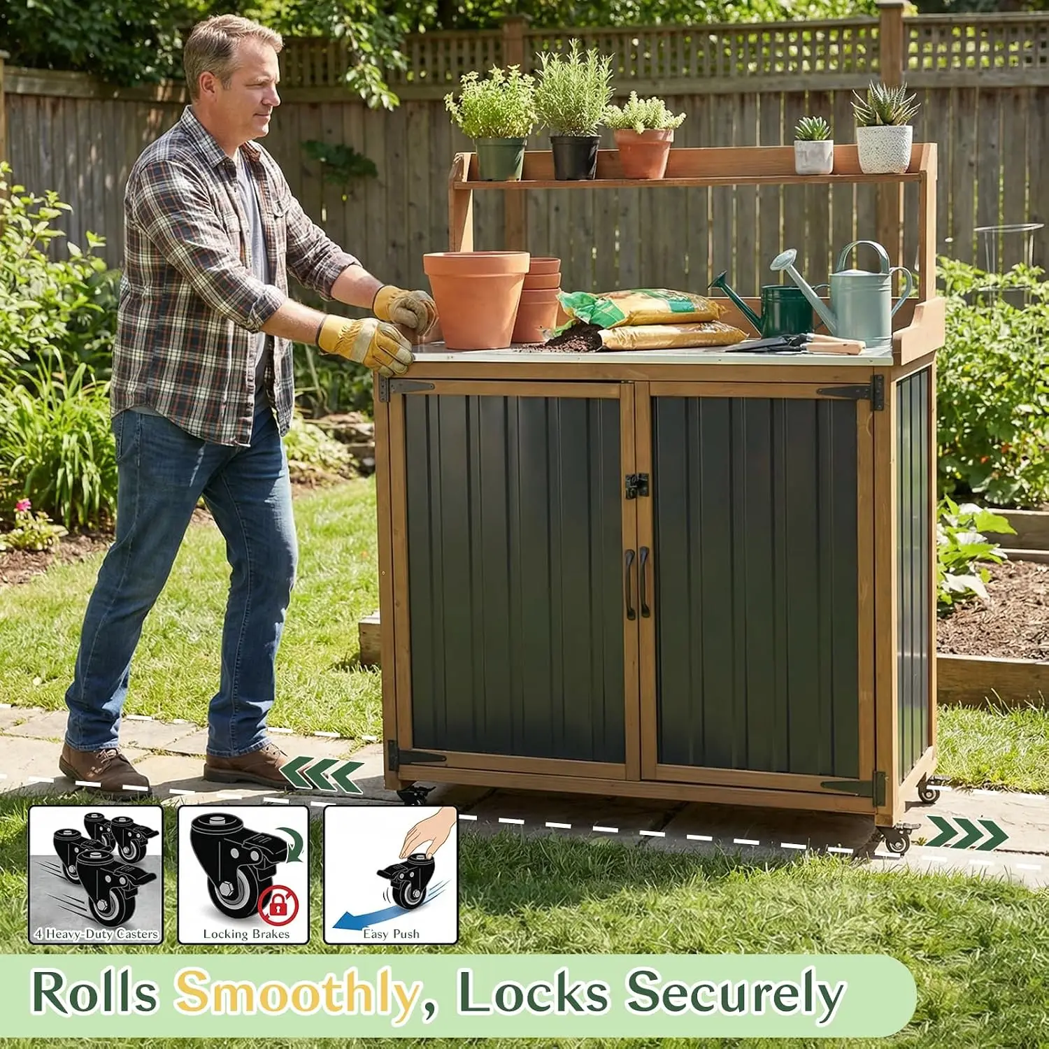 Outdoor Storage Cabinet with 4 Wheels and Handle, Metal & Wood Potting Bench Storage Cabinets with Waterproof Top,, Customized