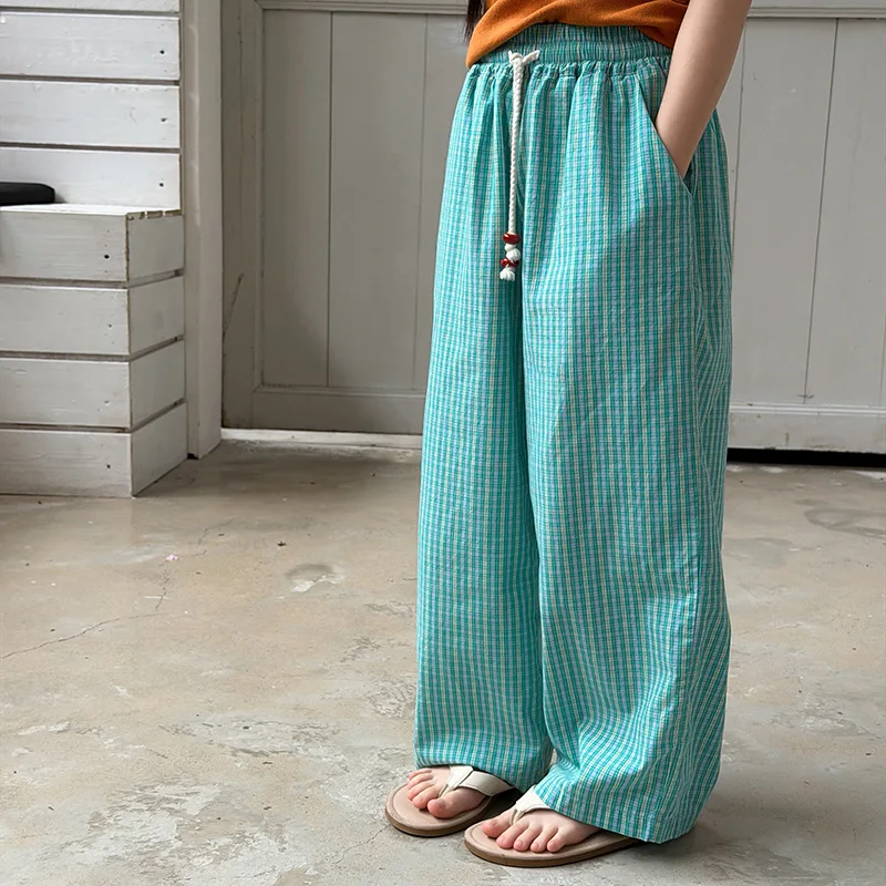 Girls Korean Style Fresh Plaid Casual Pants Comfortable and Refreshing Thin Cotton Check Long Pants