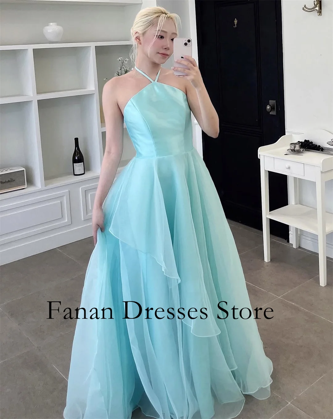 FANAN Light Green Tiered A-Line Sleeveless Organza Prom Dresses Lace-up Evening Dress Wedding Guest For Photoshoot