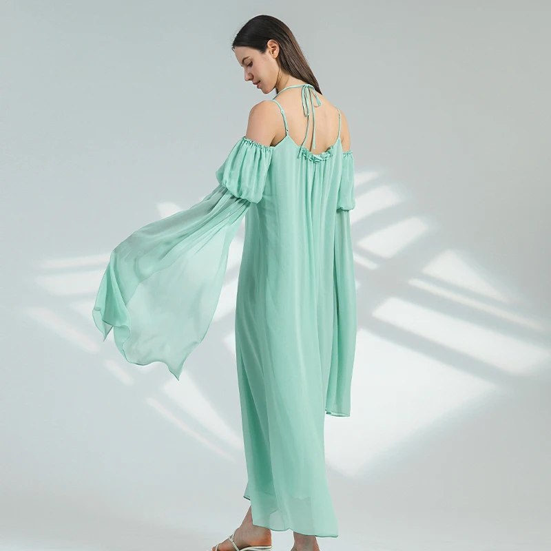 Groene Dubbellaagse Georgette Puur Zijden Schimmel Kant One-Woord Nek Off-The-Shoulder Zwevende Mouw Super Brede Jurk Vrouwen Ay193